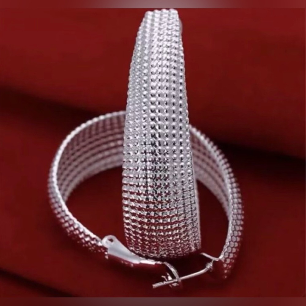 925 Sterling Silver large wide Detail Oval Hoop earrings
